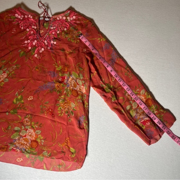 CAbi 100% Silk Large Sheer Pink Floral Long Sleeve Embroidered Rose Fairy Blouse - Picture 5 of 9